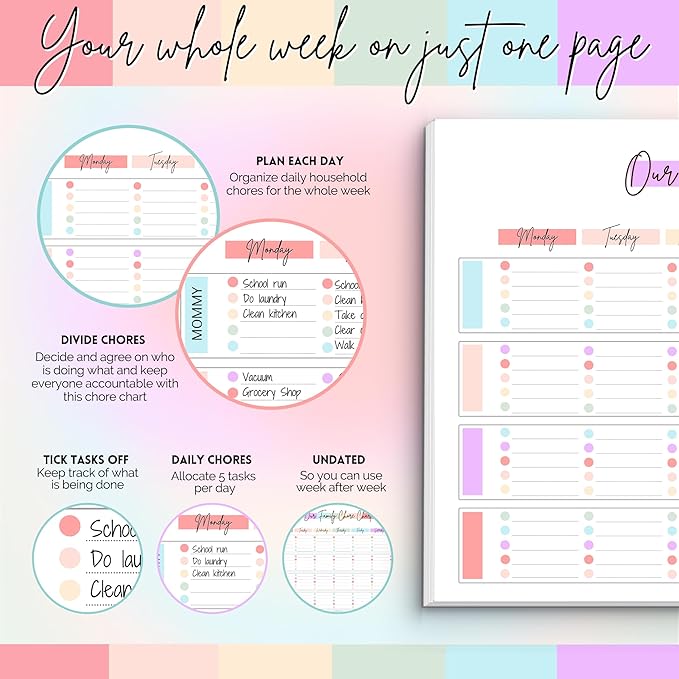 Family Chore Chart Notepad - Family planner, Calendar, Household Command Center | 50 Undated Tear Away Sheets | A4 Rainbow