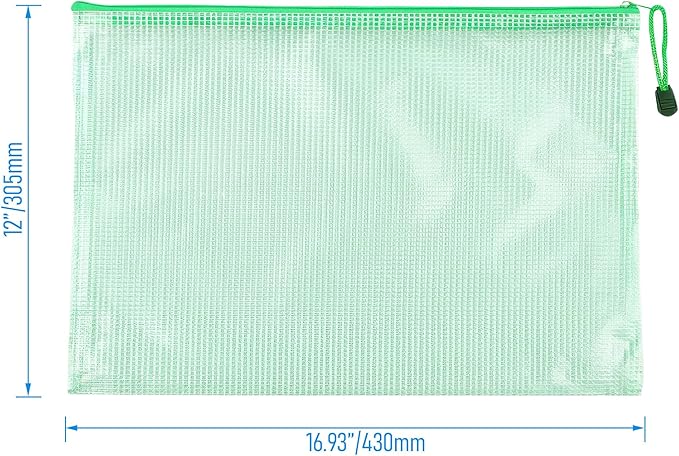 3 Pcs 16.93" x 12.01" A3 Sizes Mesh Zipper Pouch Bags, Mesh Bags with Zipper，Waterproof Clear document pouch for Organization Puzzles Travel, Office, Classroom Organization, A3 Green