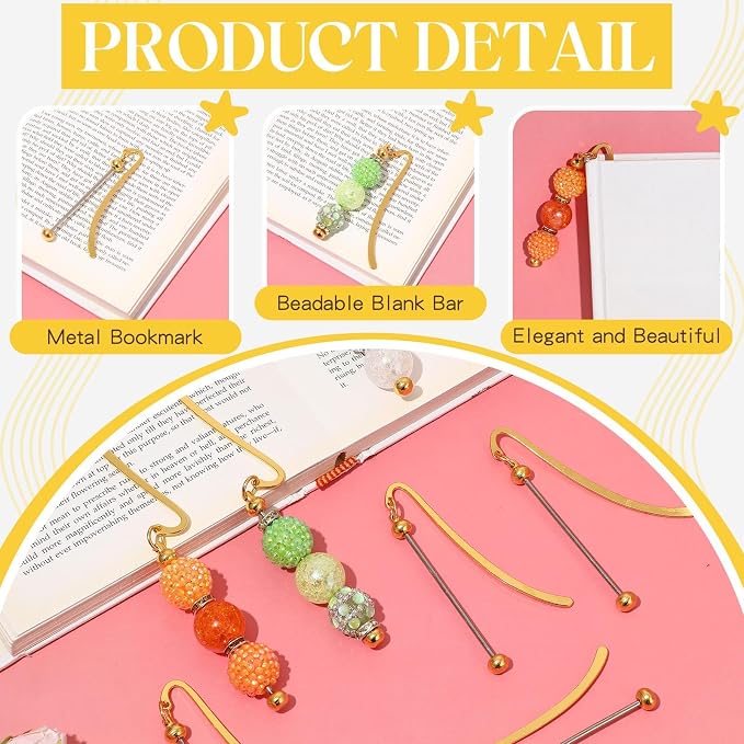 Dunzoom 20 Pcs Beadable Bookmarks DIY Metal Blank Bar Bookmark for Beads Modern Bead Craft Jewelry Pendant Charm Gift for Book Lovers Student Teacher Office Supplies (Gold)