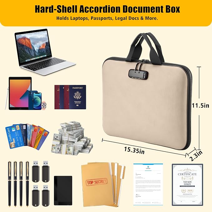 Fireproof Document Box with Combination Lock, Hard-Shell Fireproof File Organizer for Legal Documents, Laptop, Valuables & Important Papers, 13-Pocket Accordion File Folder