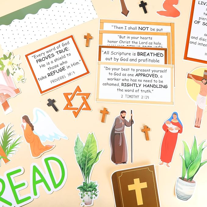 gisgfim Christian Plant Bulletin Board Decorations Set Religious Bookshelf Motivational Paper Cutouts Bible Verse Bulletin Board Decor for Classroom Back to School Sunday School Chalkboard Wall