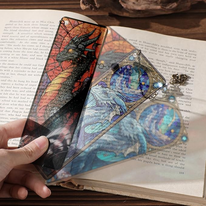 Fantasy Dragon Bookmark Gifts - 4 Pcs Cool Stained Glass Bookmarks for Men Novles Book Lovers Tassels Beaded Page Marks Books Merch Reading Accessories Bookish Gift for Birthday Back to School