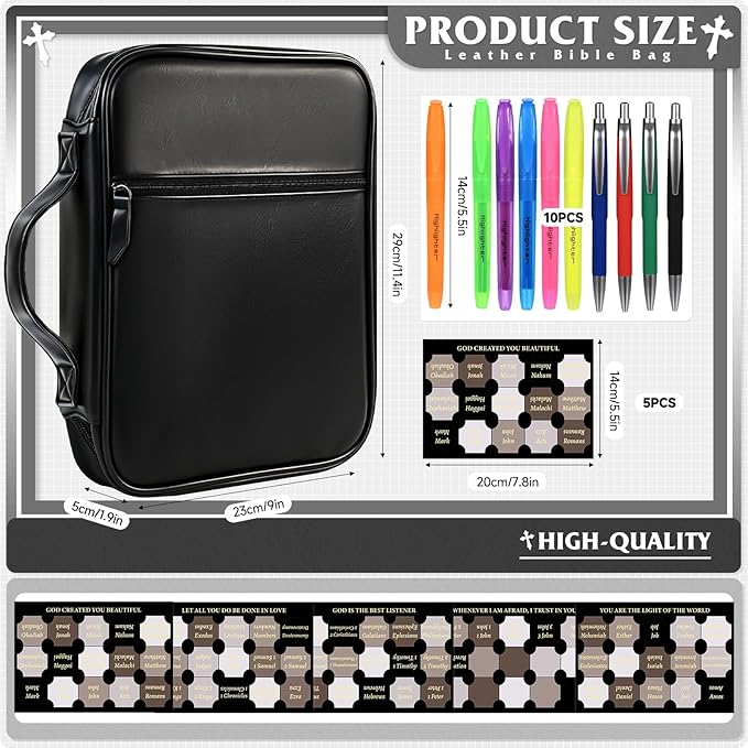 Leather Bible Cover for Men Large Bible Carrying Case with Handle Pockets Bible Book Cover with Highlighters Tabs For Church Prayer Meetings Study Supplies Accessories