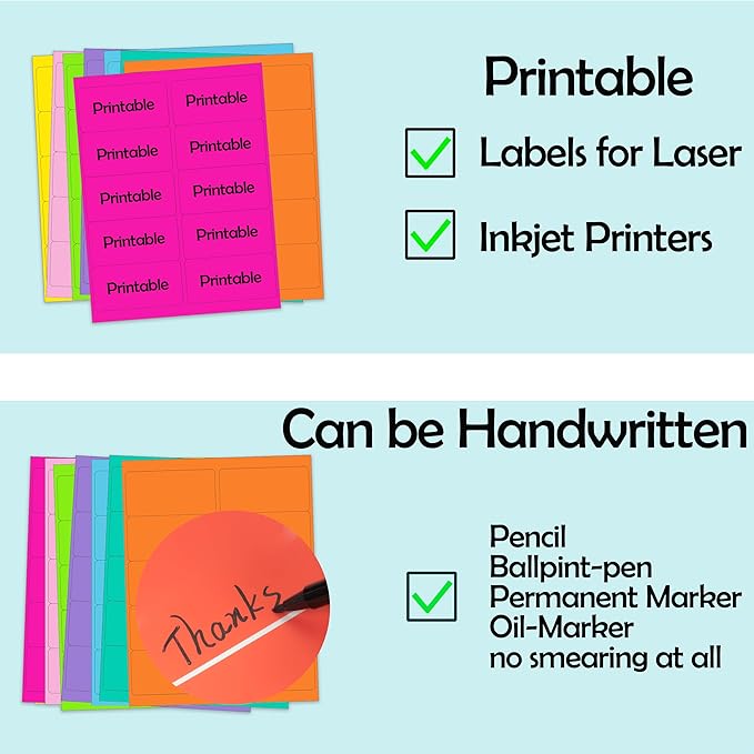 YSHIHE 2“ x 4“ Fluorescen Address Labels 5 Colors Neon Stickers for Inkjet or Laser Printer 8-1/2" x 11"Moving Lables for Shipping Envelopes Envelopes and Organization - 20 Sheets 200 PCS