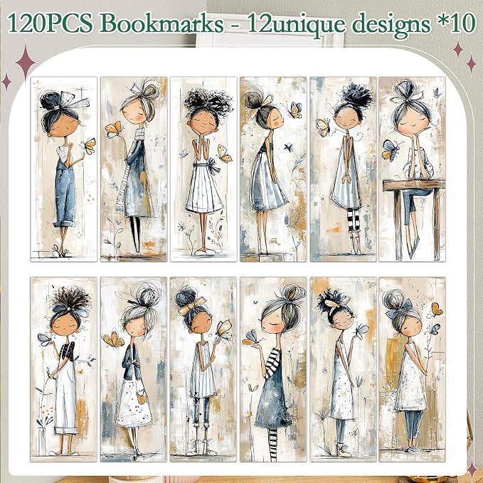 Butterfly Girls Bookmarks Gifts - 120 Pcs Cartoon Girl Bookmark Paper Whimsical Double-Sided Reading Page Markers Clips Book Mark for Women Office Home Book Lovers Bookworm Party Supplies