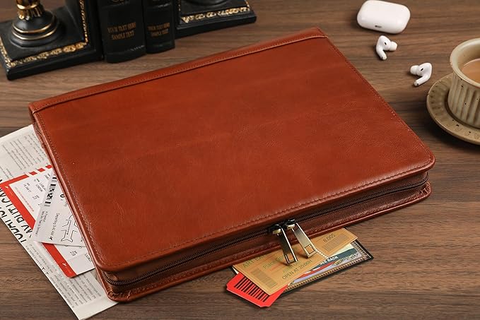 Leather Portfolio for 13-in iPad Pro M4/M5 & 13-in iPad Air M2/M3, Leather Padtfolio with ipad Holder for Letter Size Notepad, Personalized Padfolio for Men - Oil Brown