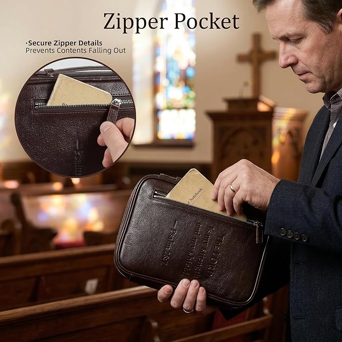 Full Grain Leather Bible Cover Case for Men, Mens Bible Covers Cases Leather Bible Protective Book Holder Carrying Case for Men with Handle Zippered Pocket