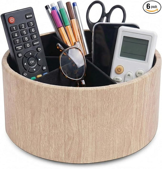 Remote Control Holder, 360°Spinning PU Leather Desk TV Remote Caddy,Desk Storage Box Room Accessories for Controller, Media,Mail,Calculator, Mobile Phone,Pencil(1-Big Thin Yellow)