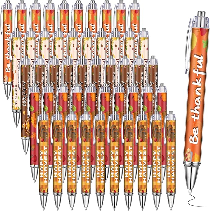 Sayglossy 50 Pcs Thanksgiving Pens Bulk Fall Thanksgiving Party Favors Black Ink Writing Ballpoint Pen Pumpkin Autumn Maple Leaf Smooth Click Ballpoints for Autumn Harvest Party Gift Supplies