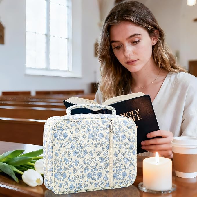 Quilted Bible Cover Case for Women with Bible Study Supplies Journaling Kit Floral Bible Bag Carrying Case with Pastel Highlighters Tabs, Women Christmas Christian Gifts (Blue Floral, M)