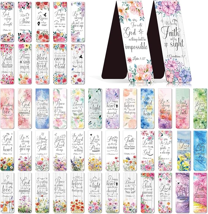 Wxiben Bible Verse Magnetic Bookmark - 48Pcs Floral Inspirational Magnetic Bookmark Christian Scripture Book Mark Magnets Motivational Flower Page Marker Clip for Women Students Teacher School Gifts