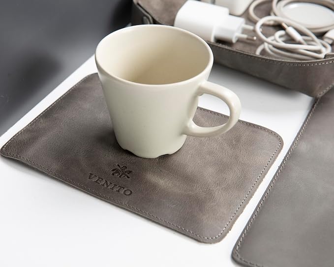 VENITO Leather 3-in-1 Desk Mat Set – Desk Mat (32"x16"), Organizer Tray & Cup Coaster – Full-Grain Leather Desk Pad for Office & Home – Elegant Workspace Accessories for Men & Women, Grey