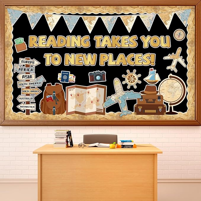 Travel The Map Reading Class Bulletin Board Set Adventure Classroom Decoration Back to School Reading Takes You to New Places Paper Cutouts for School Nursery Chalkboard Wall Door Decor Party Supplies