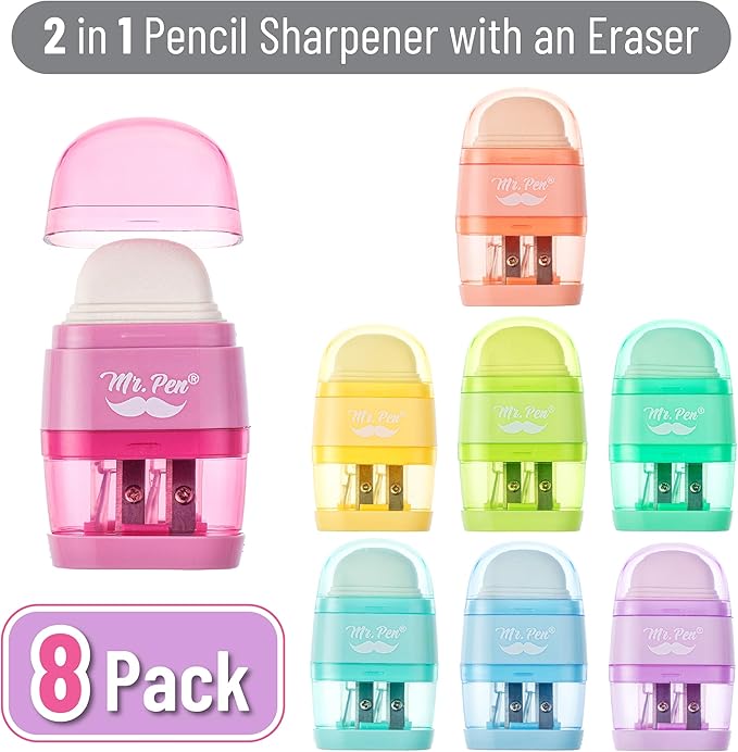 Mr. Pen- Pencil Sharpener & Eraser, 4 Pack, 2-in-1 Manual Sharpeners with Canister, 2 Sharpening Holes for Standard & Jumbo Pencils, Colorful Dual Hole Design for School, Office, Home, Kids