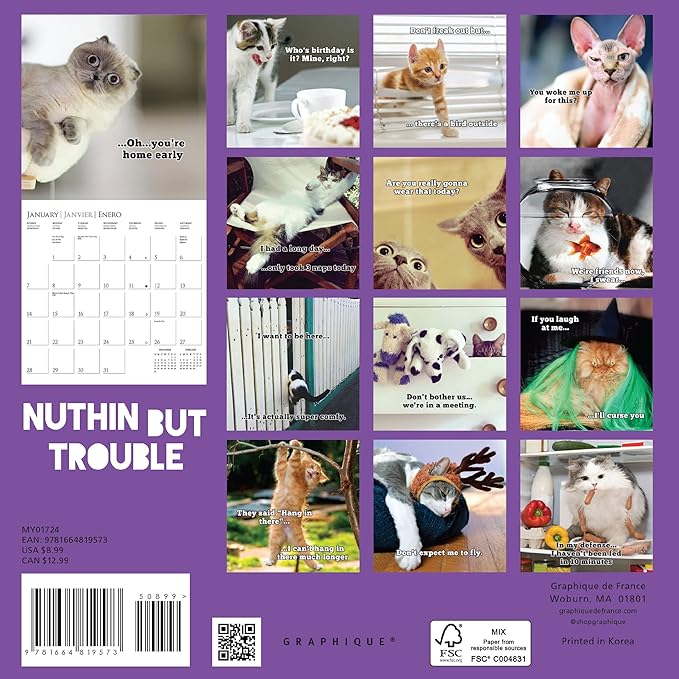 Graphique 2024 Nuthin' But Trouble Mini Wall Calendar | 7” x 7” | Thick Paper | Home & Office Organizer | Large Monthly Grid | 3 Languages & Marked Holidays | 4 Month Preview Page for 2025