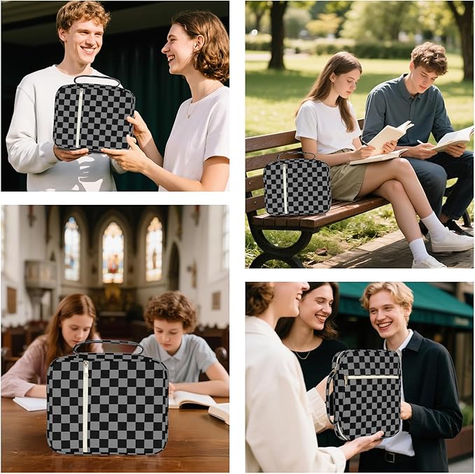 Bible Cover Case for Women Corduroy Bible Case for Girls Large Bible Cover with Handle Bible Study Supplies Accessories Christian Gifts for Women (Black Grey-Checkered, Medium)