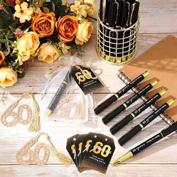 Spakon 50 Set 60h Birthday Party Favor for Guest Anniversary Party Favor Golden Birthday Bookmark Thanks Coming Pen with Tag Appreciation Gifts for Women Men Wedding Anniversary