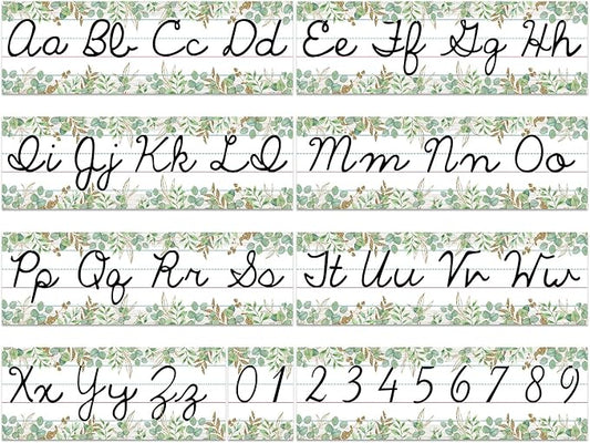 Set of 9 Cursive Writing Bulletin Board Cursive Alphabet Wall Strip for Teacher Supplies, Classroom Teaching Tool, Homeschooling, Kids Education (Eucalyptus)