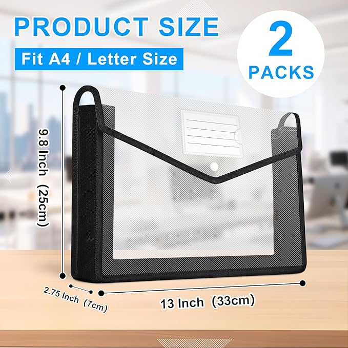 HOUYEE 2 Pack Plastic Expanding File Folder, Envelope File Folder Organizer Holder with Snap Closure, Expandable File Wallet Large Capacity, Fit Letter Size/A4 Documents（Clear with Black Trim）