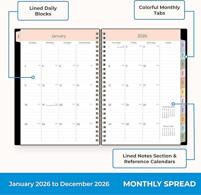 Blue Sky 2026 Weekly and Monthly Planner Calendar, January 2026 - December 2026, 5.875” x 8.625”, Flexible Cover, Storage Pocket, Ruler, Colorful Interior, Includes Extra 30 Sheets of Notes, Black