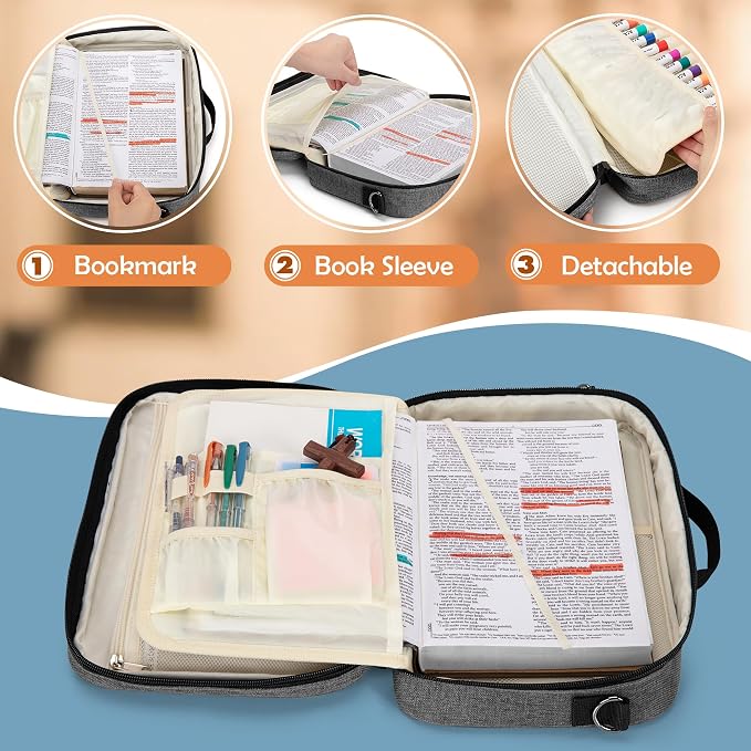 LoDrid Bible Carrying Case for Church with Multiple Pockets, Portable Bible Cover Bag with Handle and Shoulder Strap for Bible Accessories, Grey, Bag Only