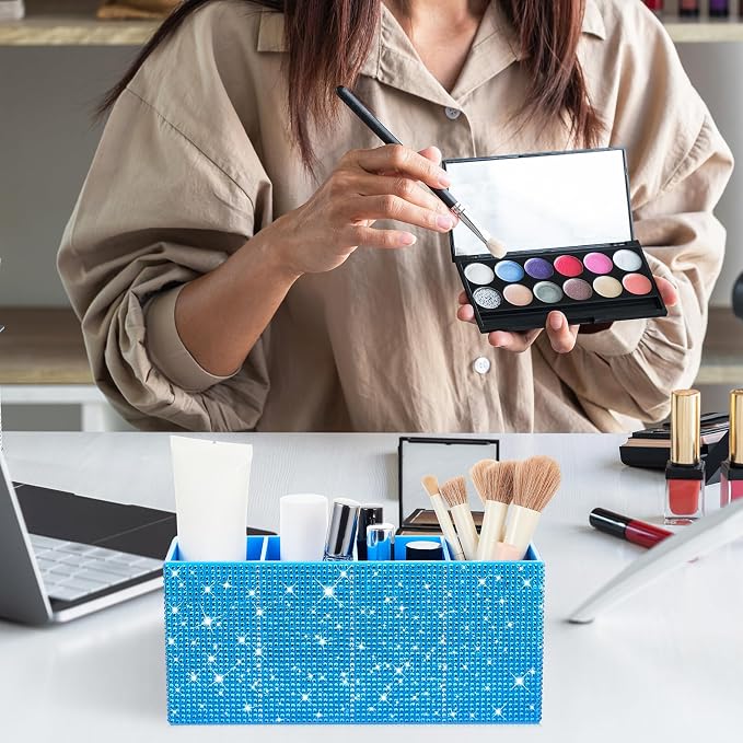 Bling Makeup Brush Organizer for Women, Rhinestone Desk Organizer Pen Holder, Girly Eyeliners Display Case for Vanity, Office, Elevate Your Workspace with Serenity(Rhinestone, Blue)