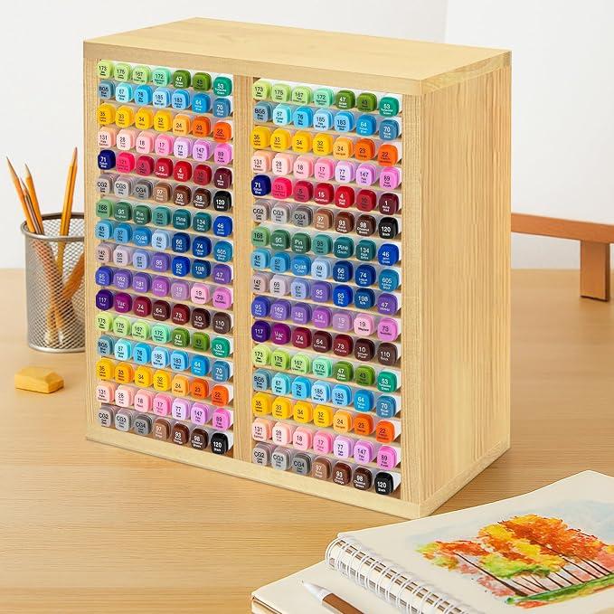 PROLEE Marker Organizer for 224 Markers,Wooden Marker Holder with 32 Slots, Pens Pencils Art Supply Alcohol Markers Storage Organizer for Desk Home Classroom Office Decor(Natural,15“x11”x5.2 “)