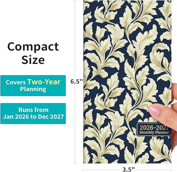 Pocket Calendar 2026-2027 for Purse, Two Year Monthly Planner Pocket Size 6.5" x 3.5", Jan 2026 - Dec 2027 Monthly Planner Small Calendar for School, Work and Home - Golden Foliage