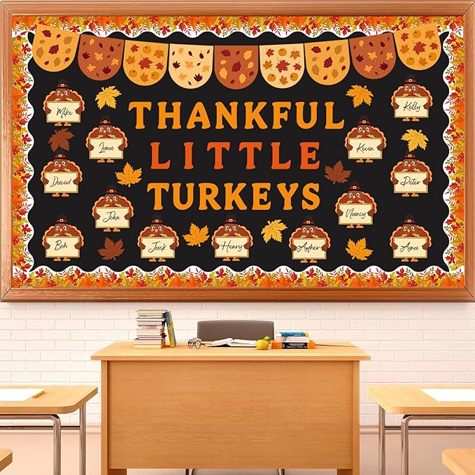 Turkey Bulletin Board Decoration Set Thankful Little Turkeys Classroom Decoration DIY Printed Paper Turkey Maple Cutouts Thanksgiving Decor for Home Party School Fall Activities