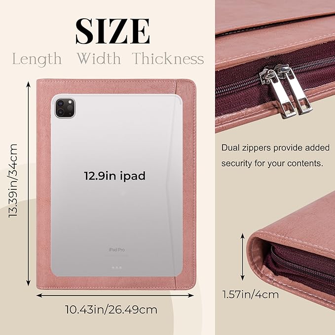 Calfinder Leather Portfolio for Women,Business Portfolio Organizer with Zipper,Pink Portfolio Binder, Interview Resume Folder with Card Holder, A4 Letter Document Organizer,Gift for Women