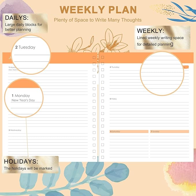 CAGIE 2026 Planner Weekly and Monthly — January - December 2026 Calendar, Hardcover Spiral Bound, 13 Monthly Dividers Tabs, Stickers, 8.3 x 9.3 Inch, Women Floral Planner Agenda For Work, Family Affiar, Personal