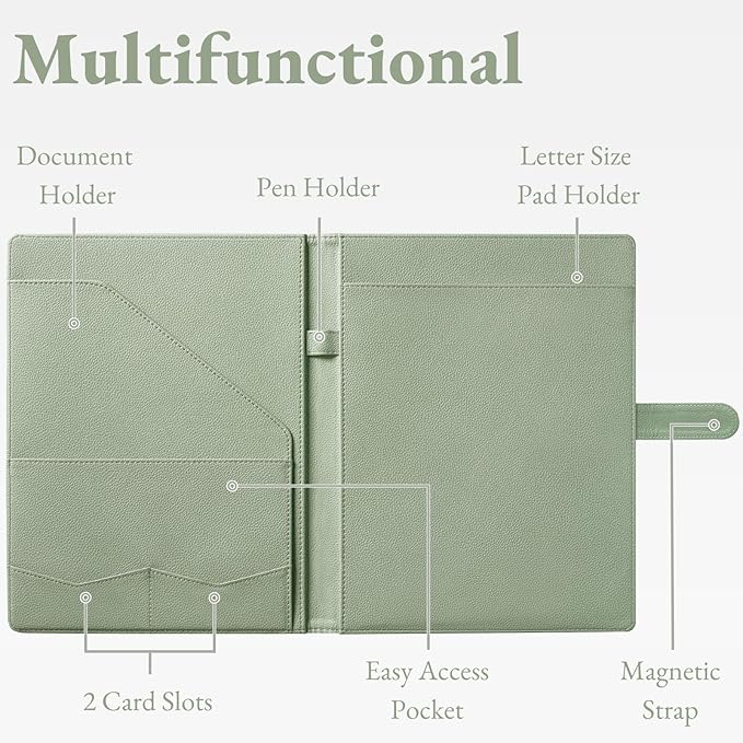 Mymazn Padfolio Portfolio Folder, Faux Leather Interview Resume Folder with Document Organizer & Business Card Holder, Letter-Sized Notepad Legal Pad Holder for Men Women (Sage Green)