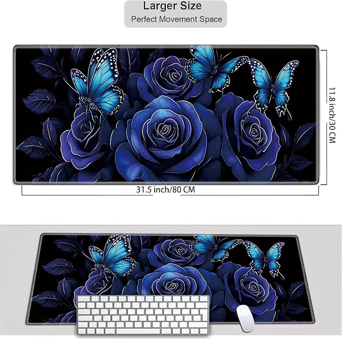 Mouse Pad Gaming Mousepad 31.5x11.8 Inch XXL Large + Coasters,Desk Mat with Stitched Edges, Non-Slip Rubber Base, Thick Mouse Pad for Computer, Laptop, Office & Home - Blue Rose Butterfly