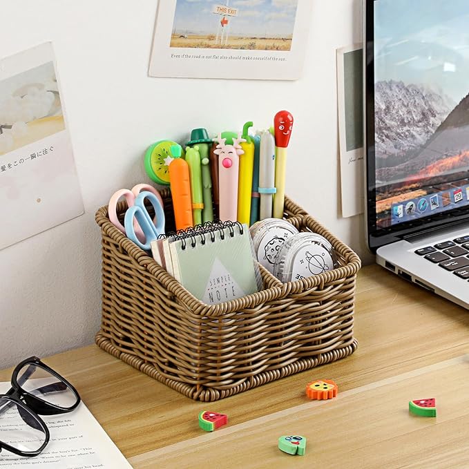 BTSKY 3 Slots Natural Woven Remote Control Holder for Desk Rattan Media TV Caddy Storage Holder Office Supply Storage Rack Desk Accessories Organizer For Living Room Bedroom Countertop, Dark Brown