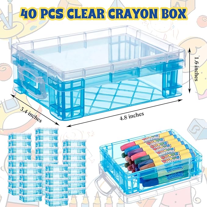 Suzile 40 Pcs Plastic Crayon Boxes Holds 24 Crayon with Snap Lid Storage Container Clear Stackable Case for School Office Classroom Supplies Pen Pencil Craft(Blue)