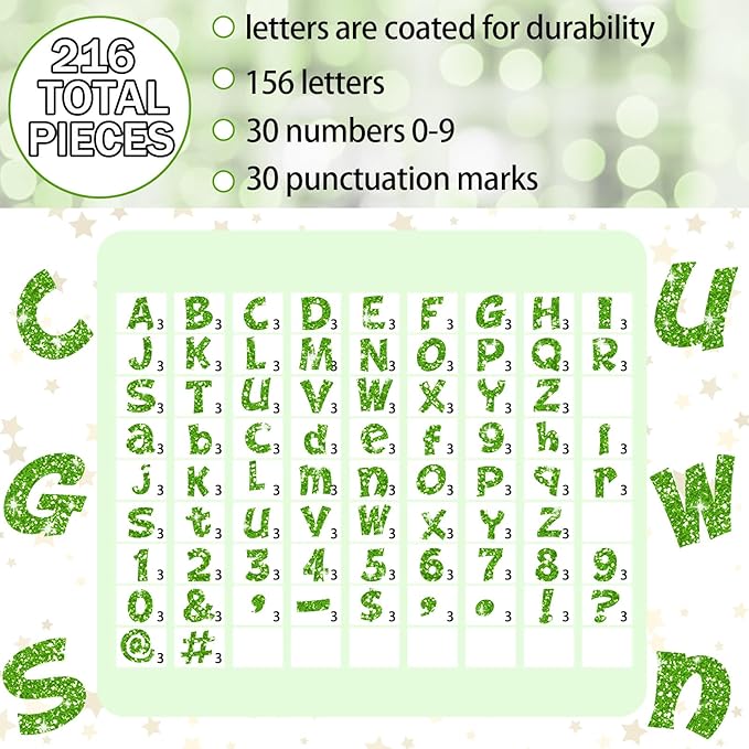 Colarr 216 Pcs Glitter Bulletin Board Letters for Classroom Number Alphabet Punctuation Symbol Cutout 4'' Die-Cut Poster Letter with Adhesive Dot School Party Holiday Decor Display(Lime Green)