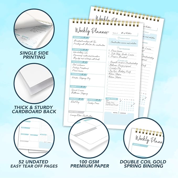 Decorably 52 Sheets Blue Undated Weekly Planner Only Day Sheets Journal - 6.5x10in Spring-Bound, Easy Tear-Off Design, with Focus, Priorities, to-do List, Habit Tracker & Notes - Home, School, Office