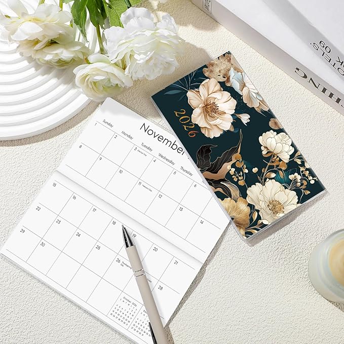 Gueevin 2026 Pocket Calendar for Purse with Pen Small Pocket Planner Handy Weekly Monthly Planner Journal Writing Notebook Valentine New Year Gift Sister Friend Women(Magnolia,Cream)