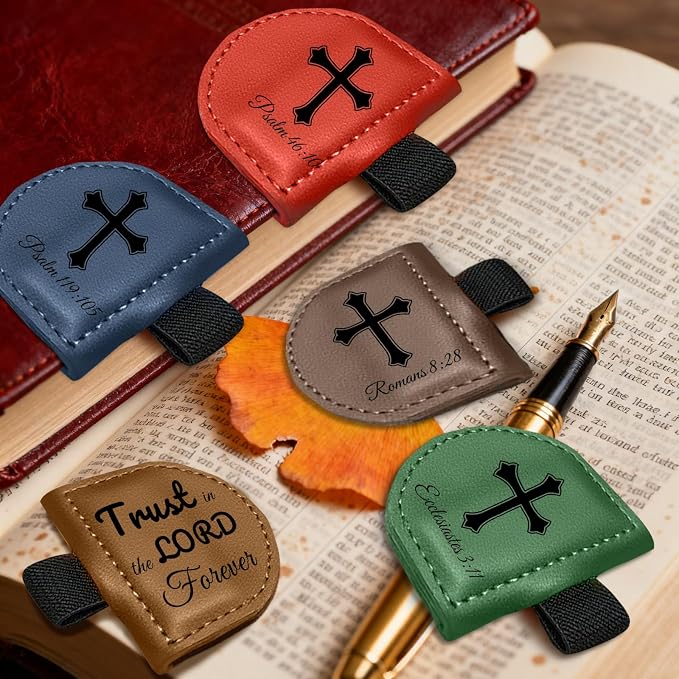 Bygone Mark Personalized Magnetic Leather Bookmark with Pen Holder - Inspirational Bible Verse Scripture Design, Custom Book Marker for Book Lovers Men Women (Brown-Psalm 46:10)