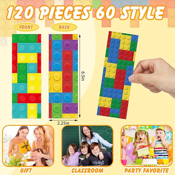 Chinco 120 Pieces Bookmarks for Kids Set Cute Book Marks Gifts for Kids Cartoon Inspirational Motivational Paper Bookmark Pack for Book Lovers Adults Teacher Women Funny Reading Gift(Building Block)