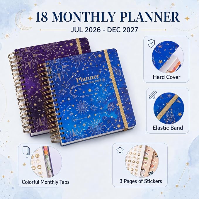 CAGIE Planner 2026-2027 18 Month July 2026-Dec 2027 Weekly and Monthly Calendar Planners Yearly Daily Hardcover 26-27 Planner for Women with Stickers Tabs Spiral Bound Agenda, Blue, 8.3"x9.1