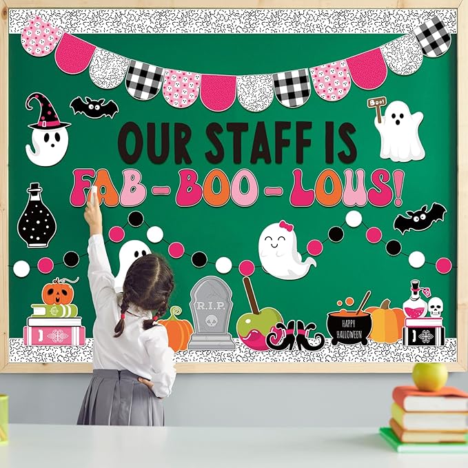 JarThenaAMCS 97Pcs Halloween Ghost Bulletin Board Decoration Set Pink Cute Ghost Boo Pumpkin Paper Cutouts with 100Pcs Glue Points for Halloween Birthday Party Classroom