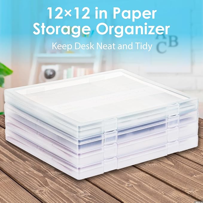 12x12 Paper Storage, 4 Pack Stackable Scrapbook Paper Containers Storage, Art Supply Storage Organizer, U-Shaped Locking Mechanism, Ideal for Office, Home, and School Document Organizer