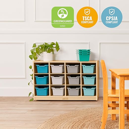 ECR4Kids 12 Cubby Mobile Tray Cabinet and 15 Scoop Front Bins, 3x4, Kids Furniture, Contemporary