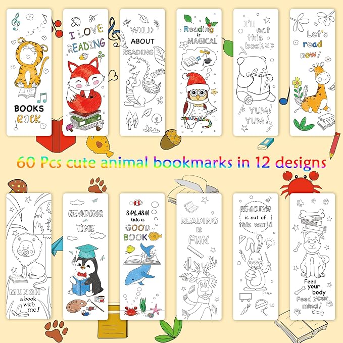 Anseal 60 PCS Color Your Own Bookmarks Bulk, DIY Bookmarks for Kids/Teens, Cute Animal Bookmarks for Reading Lover, 12 Styles Fun & Personalized Bookmark for Students, Classroom Rewards Supplies