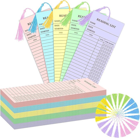 100 Pieces Reading List Bookmark with Tassels, 3 x 8 Inch 5 Colors Personal Libraries Cards 20 Pieces Tassels for Reading Lovers Kids Students Teachers(Pastel)