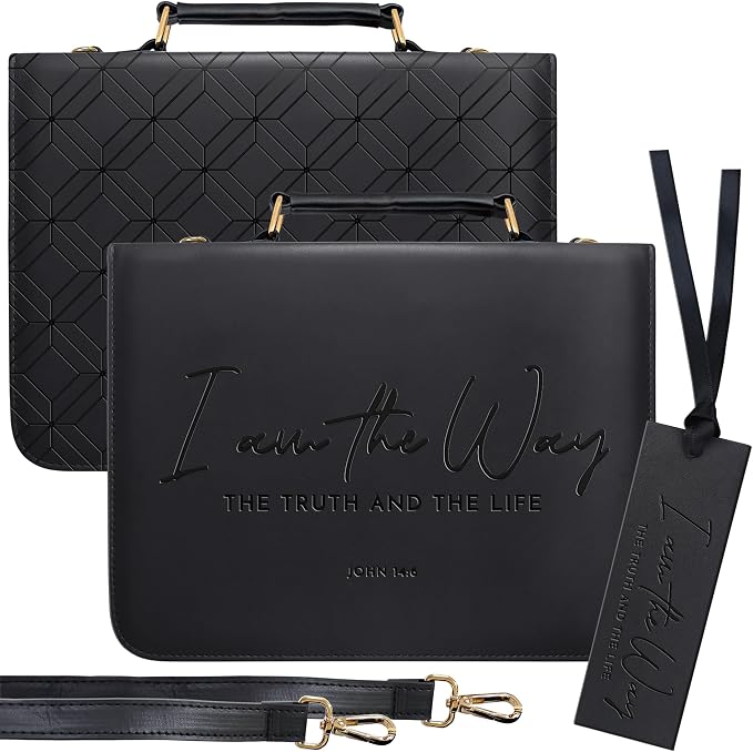 Premium Black PU Leather Bible Case with Embossed Scripture9.5¨x11.8– “I Am The Way, The Truth and The Life”- Matte Finish, 3Layer Construction, Detachable Strap, Matching Bookmark with Ribbon