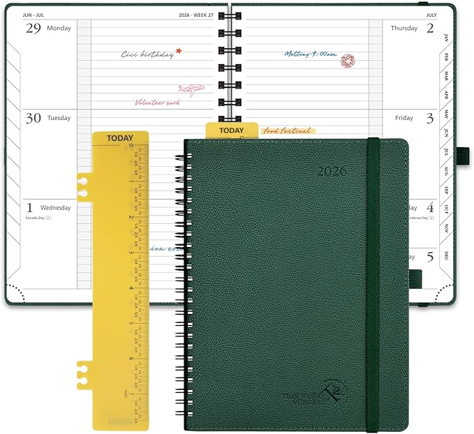 POPRUN 2026 Planner (Jan.-Dec.), Medium-6.75" x 8.75", Horizontal Weekly Notebook, 12-Month Calendar Book with Monthly Tabs, Spiral Soft Cover, Inner Pocket, 100 GSM - Army Green