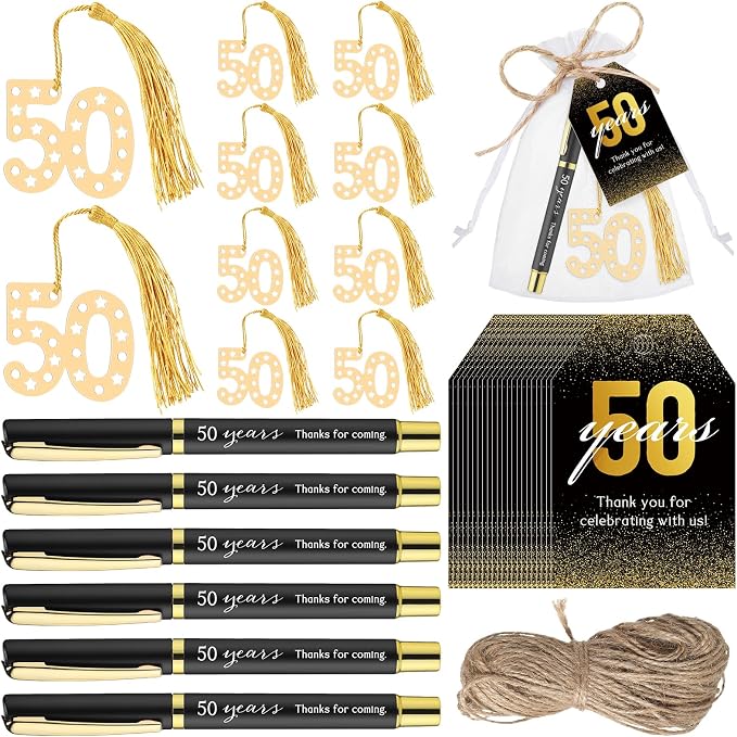 Spakon 25 Set 50th Birthday Party Favor for Guest Anniversary Party Favor Golden Birthday Bookmark Thanks Coming Pen with Tag Appreciation Gifts for Fathers Day Women Men Wedding Anniversary