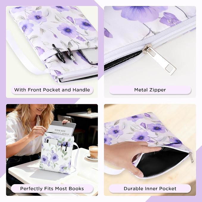 Book Sleeve with Zipper, 11''x 9'' Waterproof Paperback Sleeve for Book Lovers Books Pouch Cover with Handle for Hardcovers Kindle Sleeve for Reader Teacher Women (Purple flower, 11x 9 inch)